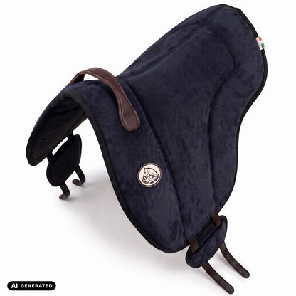 Die Perspektivansicht von oben auf das dunkelblaue Brockamp Bareback Pad Reitpad Spezial zeigt die ergonomische Wildleder-Sitzfläche, rahmende Pauschen sowie die seitliche V-Gurtung. Die flexibel verschiebbaren Gurtpolster mit rutschfestem Neopren veranschaulichen die gleichmäßige Druckverteilung beim Reiten ohne Sattel auf Pferd und Pony.
