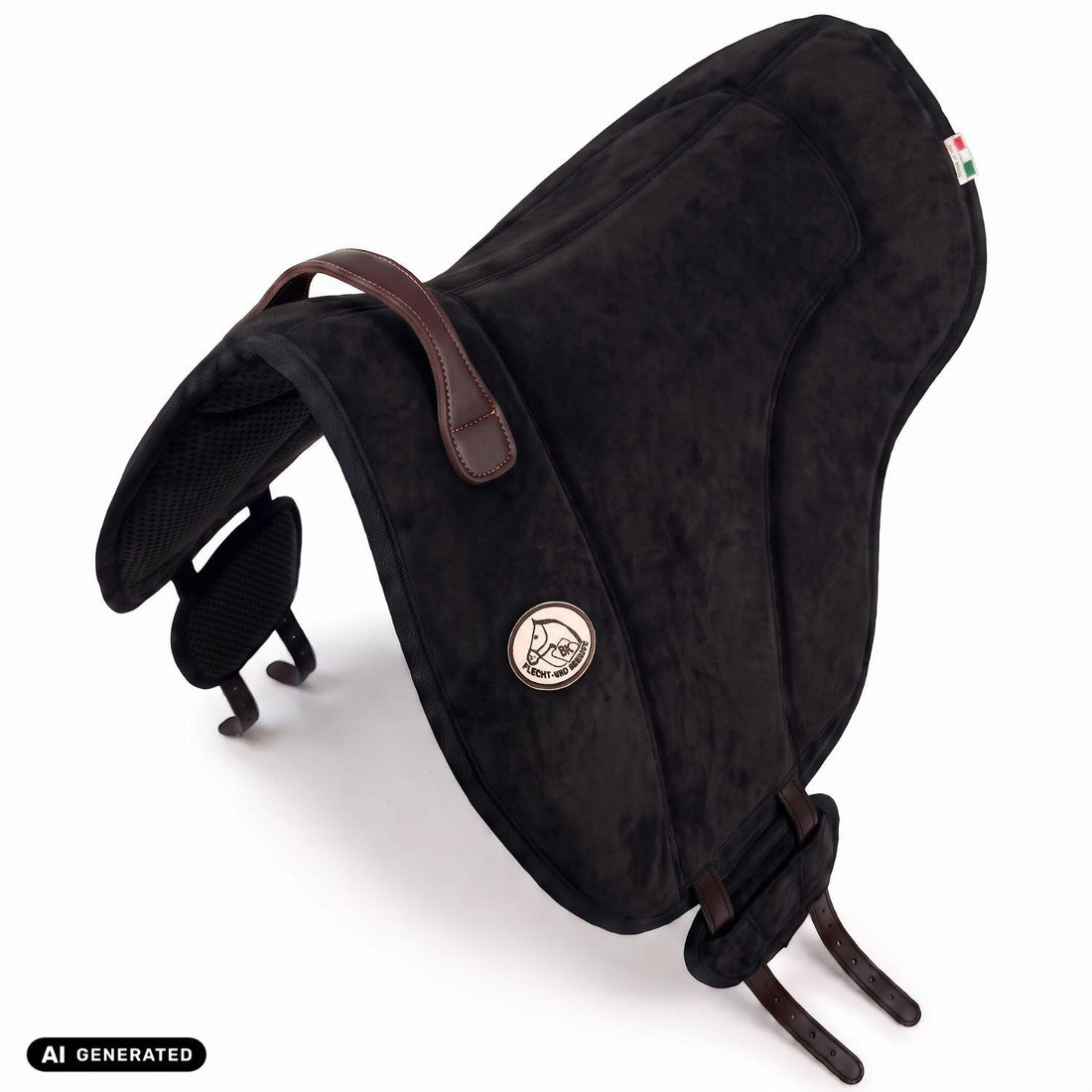 Die Perspektivansicht von oben auf das schwarze Brockamp Bareback Pad Reitpad Spezial zeigt die ergonomische Wildleder-Sitzfläche, rahmende Pauschen sowie die seitliche V-Gurtung. Die flexibel verschiebbaren Gurtpolster mit rutschfestem Neopren veranschaulichen die gleichmäßige Druckverteilung beim Reiten ohne Sattel auf Pferd und Pony.