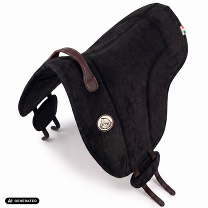 Die Perspektivansicht von oben auf das schwarze Brockamp Bareback Pad Reitpad Spezial zeigt die ergonomische Wildleder-Sitzfläche, rahmende Pauschen sowie die seitliche V-Gurtung. Die flexibel verschiebbaren Gurtpolster mit rutschfestem Neopren veranschaulichen die gleichmäßige Druckverteilung beim Reiten ohne Sattel auf Pferd und Pony.