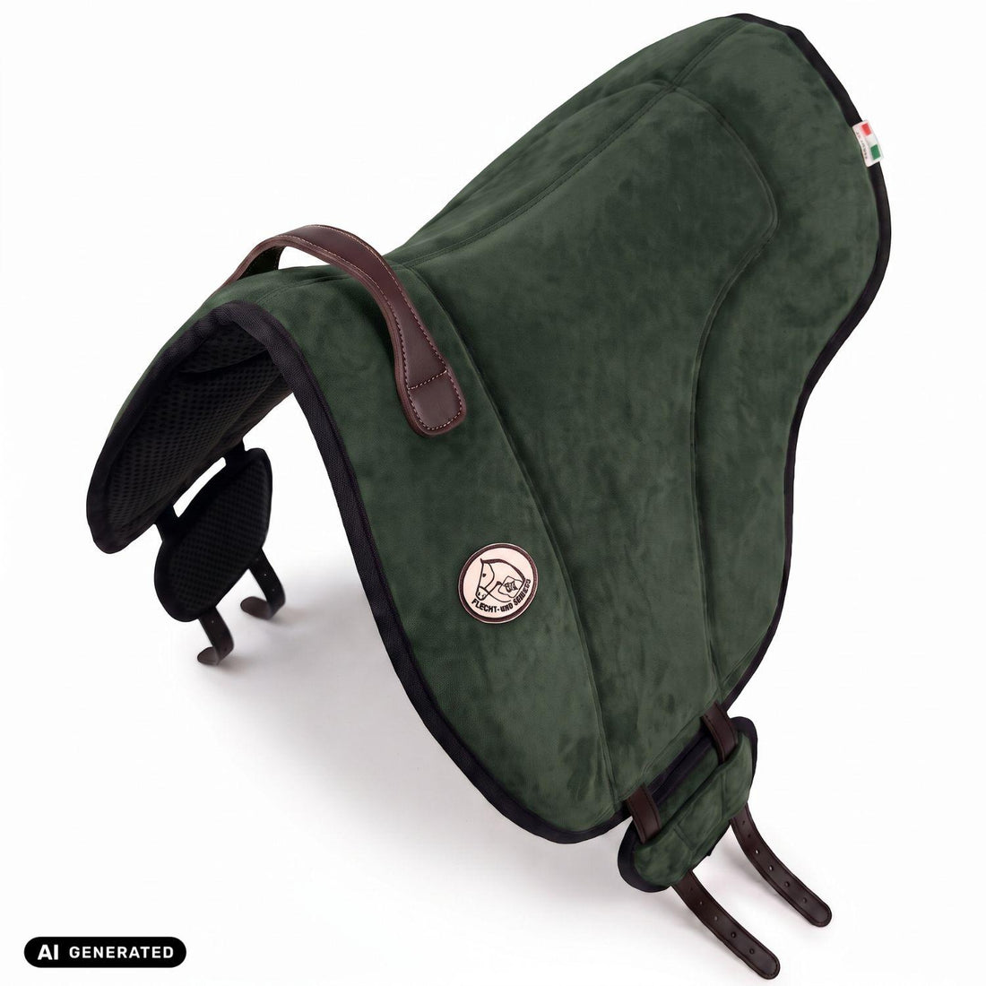 Die Perspektivansicht von oben auf das tannengrüne Brockamp Bareback Pad Reitpad Spezial zeigt die ergonomische Wildleder-Sitzfläche, rahmende Pauschen sowie die seitliche V-Gurtung. Die flexibel verschiebbaren Gurtpolster mit rutschfestem Neopren veranschaulichen die gleichmäßige Druckverteilung beim Reiten ohne Sattel auf Pferd und Pony.