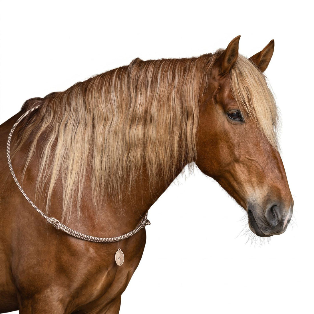Der formstabile Brockamp Reitring in Braun-Beige-Weiß am Hals eines Fuchses mit blonder Mähne zeigt die harmonische Farbabstimmung des Baumwoll-Halsrings auf warmen Fellfarben beim freien Reiten.
