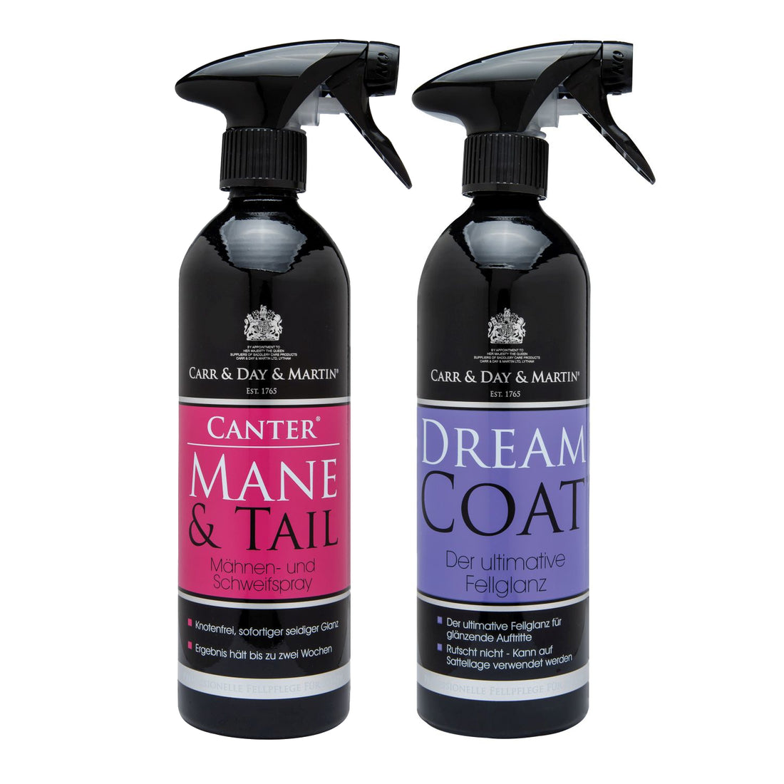 Direkter Vergleich der 500ml Sprühflaschen von Carr &amp; Day &amp; Martin: Das pinke Canter Mane &amp; Tail Spray sorgt für sofortige Entwirrung des Schweifs, während das lila Dreamcoat Spray ein glänzendes Finish ohne rutschige Rückstände auf dem Pferdefell hinterlässt.