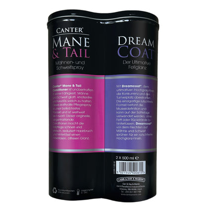 Rückansicht der Carr &amp; Day &amp; Martin Fellpflege Duo Box mit detaillierten Produktbeschreibungen zum ölfreien Glanz des Canter Mane &amp; Tail Conditioners und der rutschfesten Formel des Dreamcoat Sprays, die sicher auf der Sattellage und zum betonen der Muskulatur verwendet werden kann.