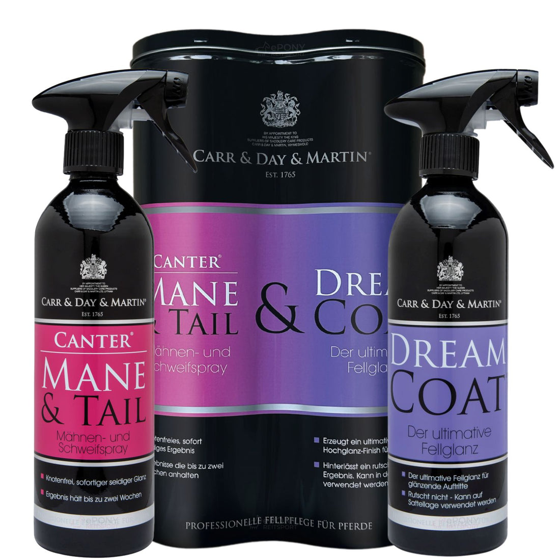 Die Carr &amp; Day &amp; Martin Fellpflege Duo Box enthält das Canter Mane &amp; Tail Mähnen- und Schweifspray für knotenfreie Kämmbarkeit sowie das Dreamcoat Fellglanzspray für ultimativen Hochglanz, präsentiert als exklusives 2x500ml Pflegeset in der markentypischen pink-lila Metallbox.