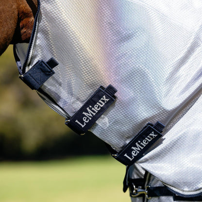 Nahaufnahme der robusten Klettverschlüsse am abnehmbaren Halsteil der LeMieux Fliegendecke kudos Aeroguard. Das strapazierfähige Ripshield-Mesh aus Nylon und Monofilament-Polyester schimmert im Sonnenlicht perlmuttartig. Das Halsteil ermöglicht ein pferdegerechtes Deckenmanagement, das sich flexibel an das tägliche Insektenaufkommen anpassen lässt.