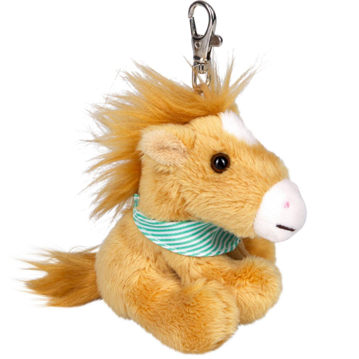 Detailbild des Pferdefreunde Plüsch-Anhänger mit Karabiner von Spiegelburg in Hellbraun mit grün gestreiftem Halstuch. Der weiche helle Pferde-Anhänger hat einen hochstehenden wilden Schopf und eine wilde Mähne. Der Pony-Anhänger in Form eines sitzenden Ponys mit übergroßem Kopf wirkt einfach süß und goldig. Mit weißem Maul und kleiner Blesse ist es die hellste Farbe. Für Kinder und Erwachsene ein schöner Anhänger für Schlüsselbund, Schulranzen, Tasche oder im Auto als Glücksbringer. 

