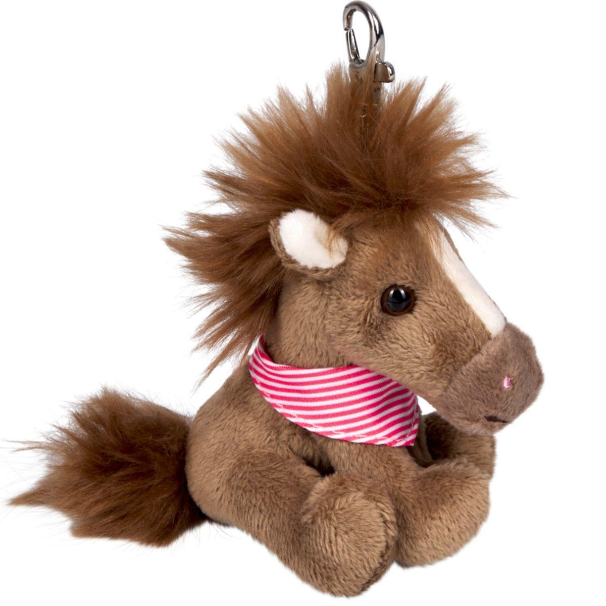 Der mittelbraune Spiegelburg Pferdefreunde Plüsch-Anhänger mit rot gestreiftem Halstuch, langer durchgehender Blesse und hellen Innenohren. Das flauschige Plüschpony mit Karabiner ist ein süßer Rucksack-Anhänger, schicker Glücksbringer für den Schulranzen und eine beliebte Geschenkidee für kleine und große Pferdeliebhaber.