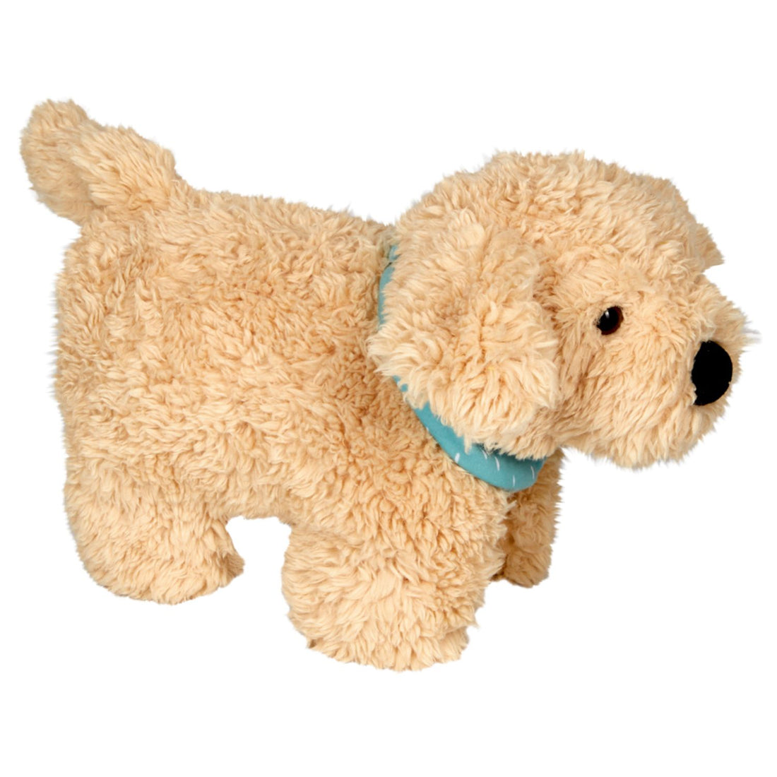Das Schmusekissen Hund Justus aus der Lustigen Tierparade von Spiegelburg als Plüschtier für Kinder auf seinen Beinen stehend. Der helle, beigefarbene Hund wirkt kräftig und ist circa 30 cm groß. Das helle, beige Fell sieht weich aus und ist von mittlerer Länge. Justus trägt ein türkises Halstuch. Die schwarzen Augen und die Hundenase lassen Justus realistisch wirken. Insgesamt wirkt er wie ein lieber, drolliger, aber kräftiger Hund, der sich weich und flauschig anfühlt. Zum Kuscheln, Spielen, Träumen.