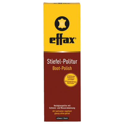 Die hochauflösende Detailansicht zeigt die Umverpackung der Effax Stiefel-Politur in Schwarz in voller Größe. Auf der Pappschachtel der parabenfreien Glattleder Reitstiefel Creme sind die Inhaltsstoffe Bienenwachs und Lanolin deklariert. Diese wasserabweisende Schuhcreme dient als intensive Lederreitstiefel Politur für glänzende Reitstiefel und für eine verlässliche Stiefelpflege für hochwertige Turnierstiefel, Reitstiefeletten sowie Sättel.
