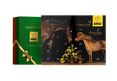 Bildkomposition des Effol Adventskalenders 2026: Links geschlossen, rechts aufgeklappt mit 24 Türchen und weihnachtlichem Pferdemotiv. Zu sehen sind ein Shetlandpony und ein dunkelbraunes Großpferd an einem Haufen Geschenke sowie das gelbe Effol-Logo mit dem Slogan „Freundschaft muss man pflegen“. Der Pferde-Adventskalender enthält 24 Überraschungen für Reiter und Pferd von Effol, effax und Hey Sport.