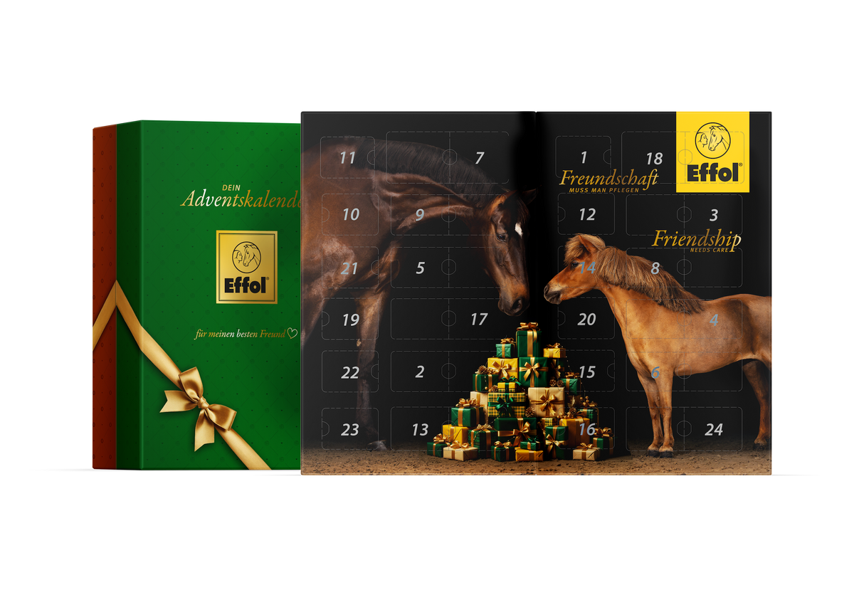 Bildkomposition des Effol Adventskalenders 2026: Links geschlossen, rechts aufgeklappt mit 24 Türchen und weihnachtlichem Pferdemotiv. Zu sehen sind ein Shetlandpony und ein dunkelbraunes Großpferd an einem Haufen Geschenke sowie das gelbe Effol-Logo mit dem Slogan „Freundschaft muss man pflegen“. Der Pferde-Adventskalender enthält 24 Überraschungen für Reiter und Pferd von Effol, effax und Hey Sport.