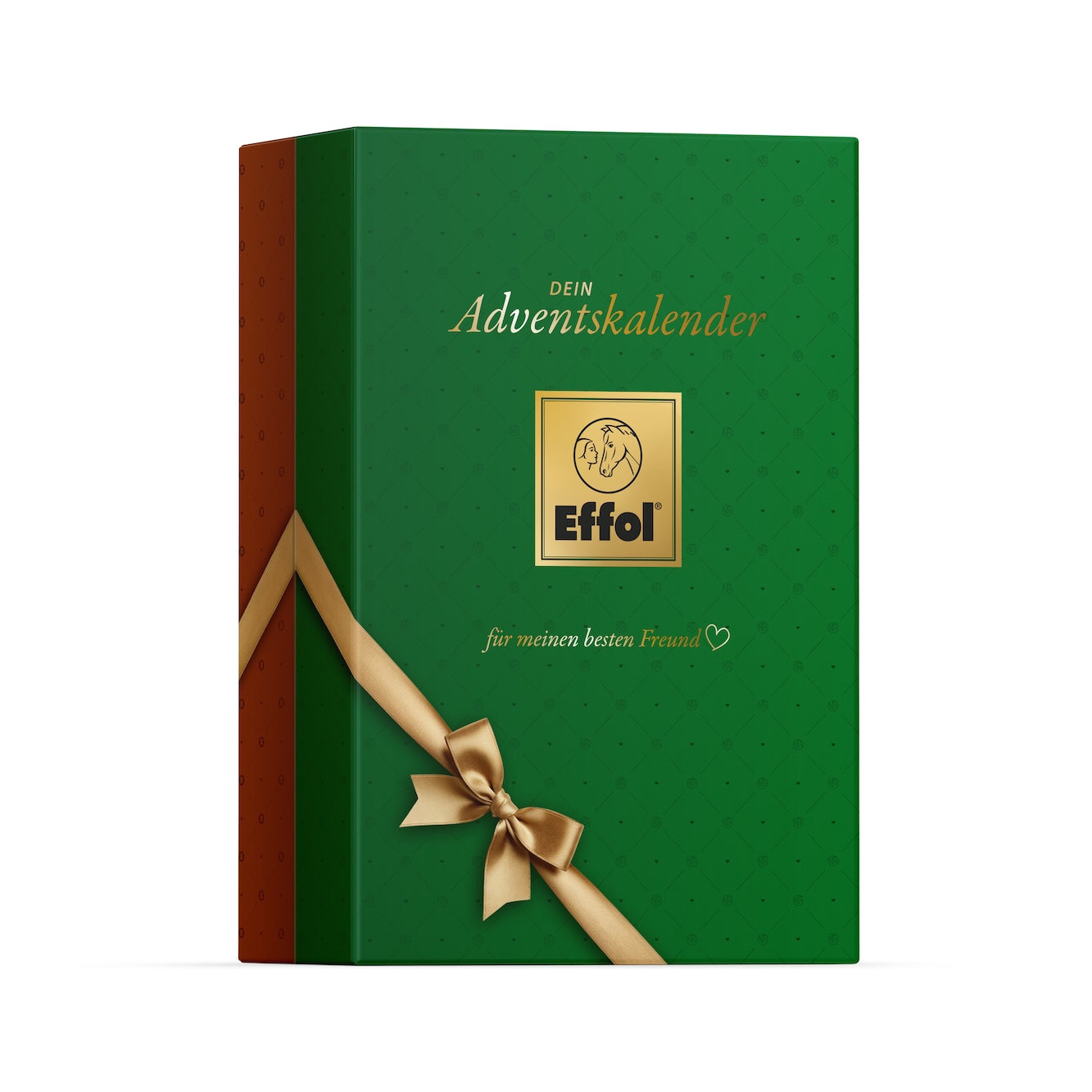 Verschlossener, zusammengeklappter Effol Adventskalender 2026 für Pferd und Reiter. Die edle grüne Vorderseite zeigt das goldene Effol-Logo, den Schriftzug „Dein Adventskalender – Für meinen besten Freund“ und eine goldene Schleife. Die Rückseite ist in dunklem Rot gehalten. Der limitierte Pferde-Adventskalender für Pferdeliebhaber enthält 24 nützliche Pflege-Überraschungen für Pferdepflege, Lederpflege und Pferdedecken.
