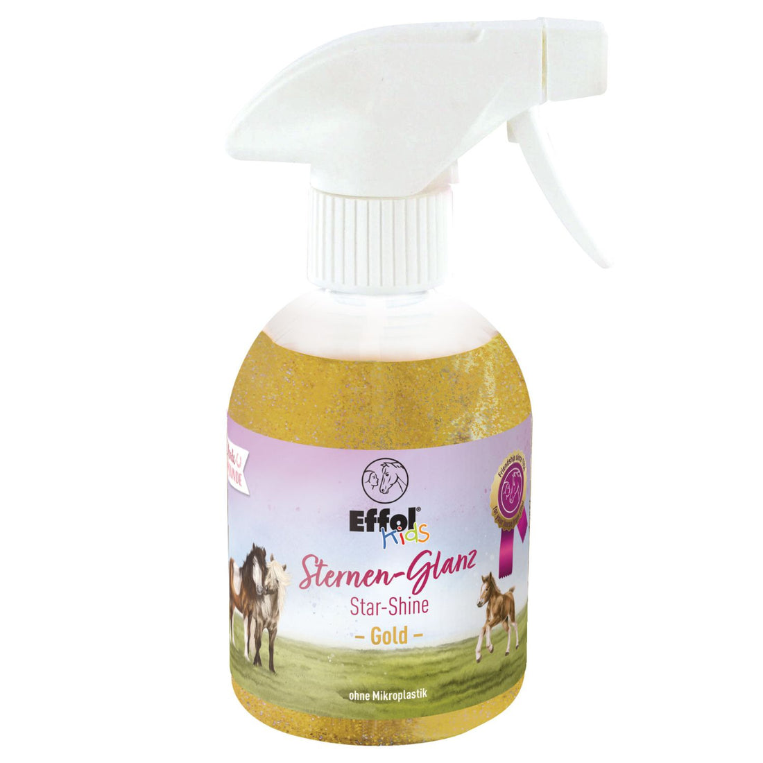 Die Sprühflasche des Effol Kids Sternen-Glanz Gold Glitzersprays für Pferde steht bereit, um Mähne und Fell einen zauberhaften Glanz zu verleihen.
