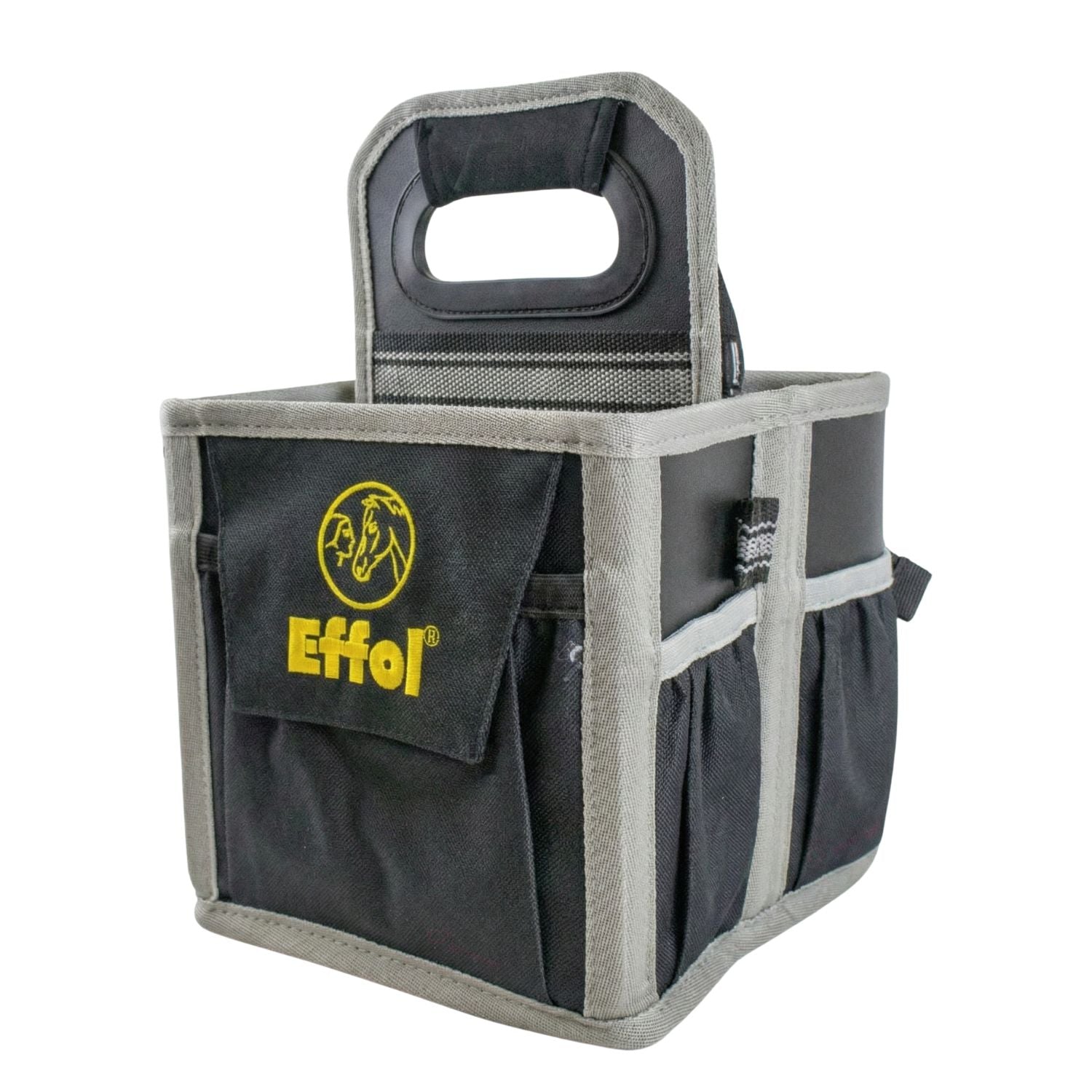 Leere, graue Effol Putztasche Mini Tote Bag in offener Form mit großem Tragegriff für den komfortablen Transport in der Stallgasse, auf dem Turnier oder unterwegs. Die Pferdepflegetasche bietet 4 gleich große, nach oben offene Fächer zum Befüllen mit Pflegemittelflaschen, Bürsten und Zubehör. Praktische kleine Seitentaschen dienen der Aufbewahrung von Leckerlis, Effol Niemals-Reißer Einflechtgummis oder Sporenriemen. Auf der Front-Klapptasche befindet sich der hochwertig eingestickte Effol Logo Schriftzug.