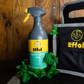 Das Foto zeigt die Sprühflasche des Effol SuperStar-Shine Mint, arrangiert neben der Effol Mini Tote Bag Putztasche und dekoriert mit echten Minzblättern, die visuell auf den Ursprung des frischen Duftes verweisen. Dieses kombinierte Schweif-, Mähnen- und Glanzspray bringt Freude in die tägliche Pferdepflege und garantiert gepflegtes, knotenfreies Langhaar sowie ein glänzendes Pferdefell bei jedem Pony und Pferd.