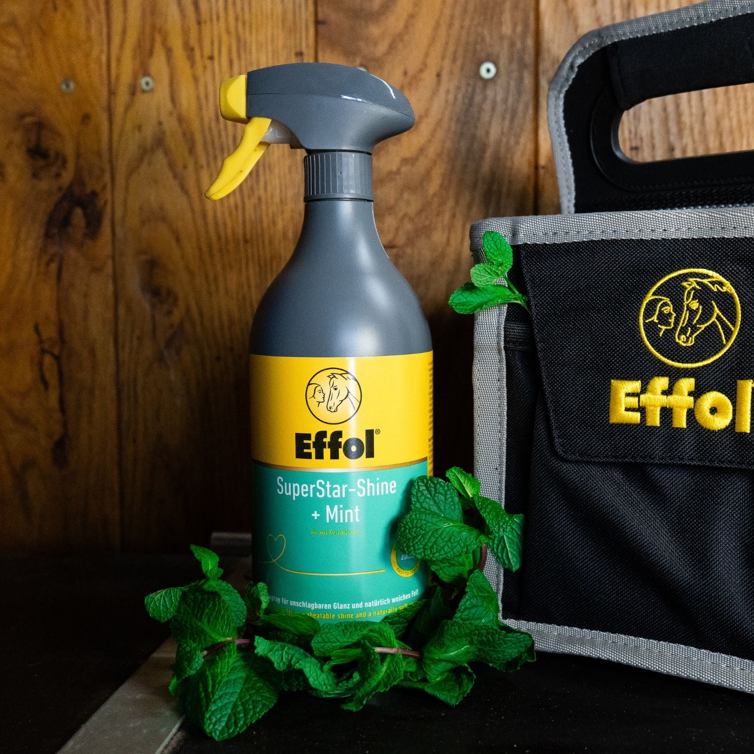 Das Foto zeigt die Sprühflasche des Effol SuperStar-Shine Mint, arrangiert neben der Effol Mini Tote Bag Putztasche und dekoriert mit echten Minzblättern, die visuell auf den Ursprung des frischen Duftes verweisen. Dieses kombinierte Schweif-, Mähnen- und Glanzspray bringt Freude in die tägliche Pferdepflege und garantiert gepflegtes, knotenfreies Langhaar sowie ein glänzendes Pferdefell bei jedem Pony und Pferd.