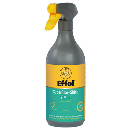 Das Bild zeigt die 750ml Sprühflasche des Effol SuperStar-Shine Mint, einem hochwertigen Glanzspray und Mähnenspray für die tägliche Pferdepflege, das durch seinen frischen Minzduft besticht und für sofortigen Glanz sorgt.