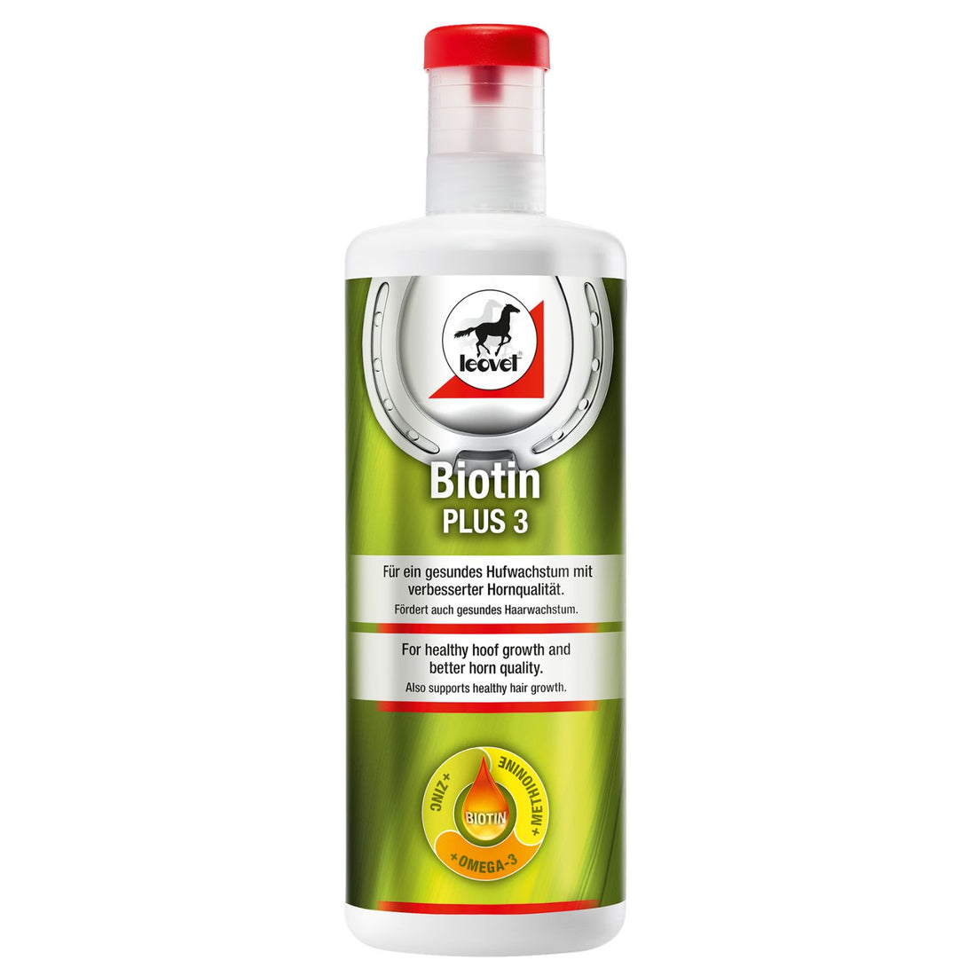 1 Liter Dosierflasche des flüssigen Ergänzungsfutters Biotin Plus 3 für Pferde. Die Flasche ist mit einem Siegel verschlossen und zeigt die integrierte Dosierkammer für eine exakte Pferdefütterung.