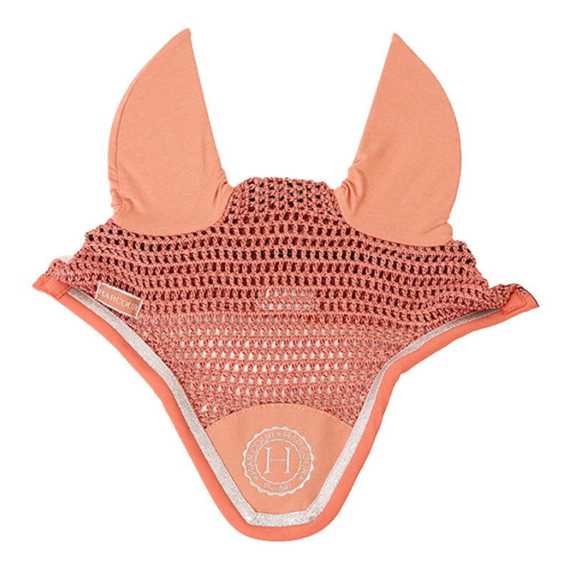 Harcour Fliegenmütze Fredy in Aurora Pink mit silberner Glitzer-Litze für Pferde.