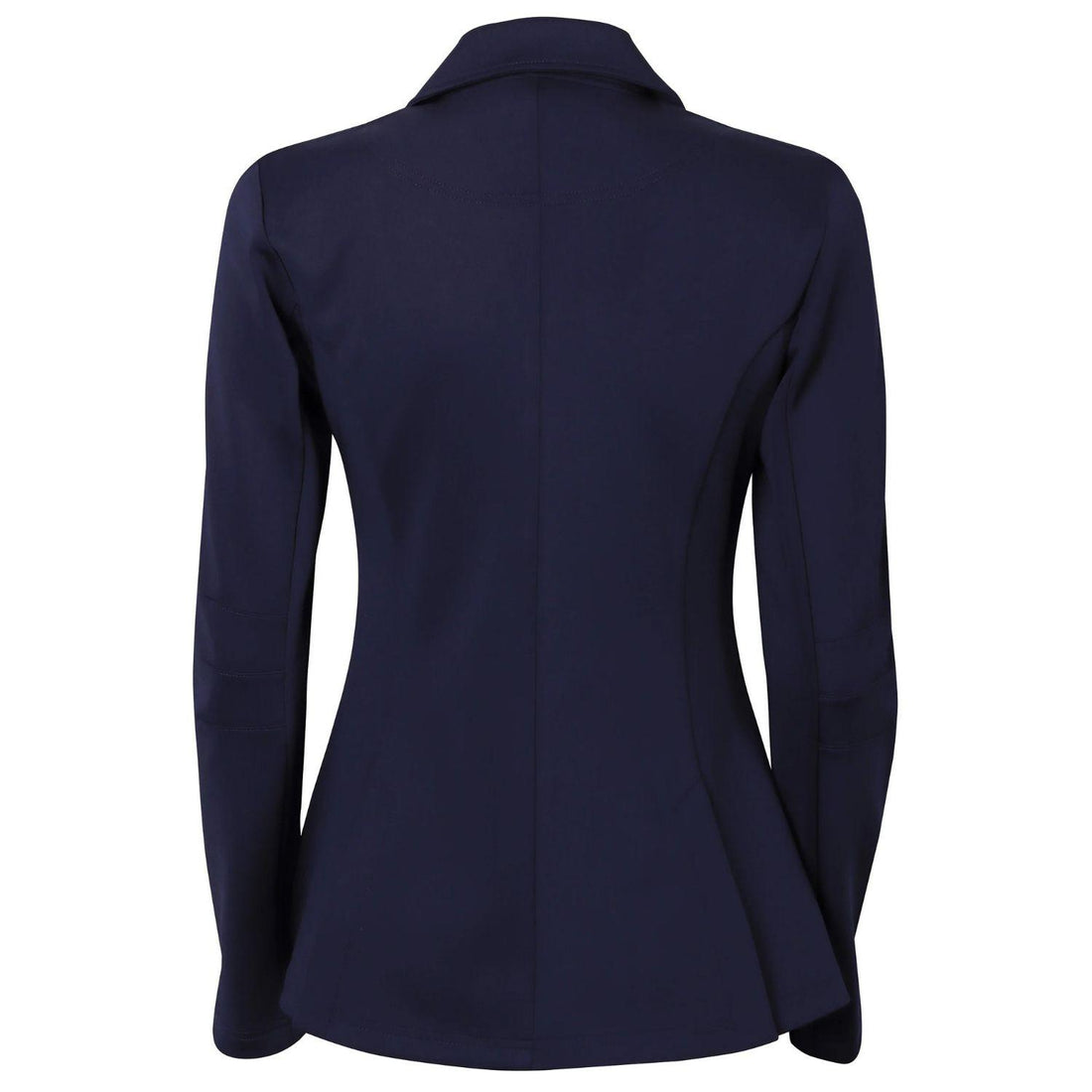 Rückseite des navy Harry’s Horse Turnierjackets Competition für Damen und Kinder. Die Rückansicht zeigt die feminine, taillierte Passform mit reduzierter Nahtführung und zwei seitlichen Schlitzen am Reitrock (Rückenschlitze) für maximale Bewegungsfreiheit im Sattel.