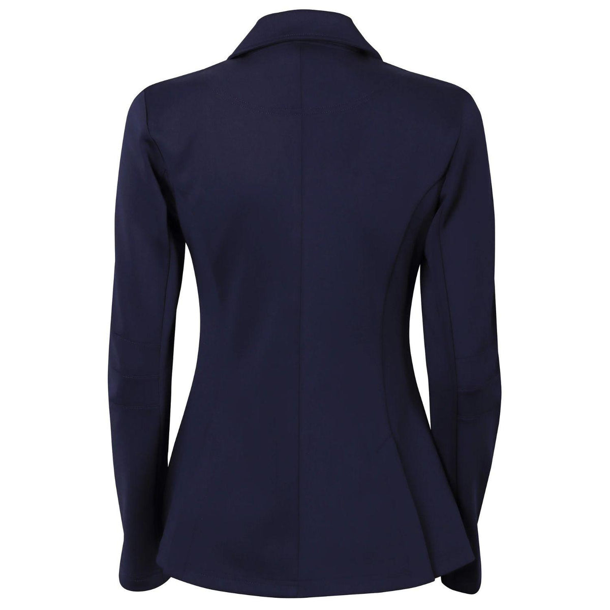 Rückseite des navy Harry’s Horse Turnierjackets Competition für Damen und Kinder. Die Rückansicht zeigt die feminine, taillierte Passform mit reduzierter Nahtführung und zwei seitlichen Schlitzen am Reitrock (Rückenschlitze) für maximale Bewegungsfreiheit im Sattel.