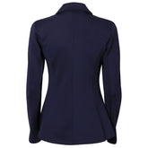 Rückseite des navy Harry’s Horse Turnierjackets Competition für Damen und Kinder. Die Rückansicht zeigt die feminine, taillierte Passform mit reduzierter Nahtführung und zwei seitlichen Schlitzen am Reitrock (Rückenschlitze) für maximale Bewegungsfreiheit im Sattel.