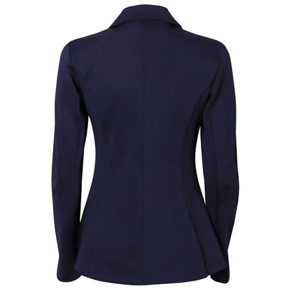 Rückseite des navy Harry’s Horse Turnierjackets Competition für Damen und Kinder. Die Rückansicht zeigt die feminine, taillierte Passform mit reduzierter Nahtführung und zwei seitlichen Schlitzen am Reitrock (Rückenschlitze) für maximale Bewegungsfreiheit im Sattel.