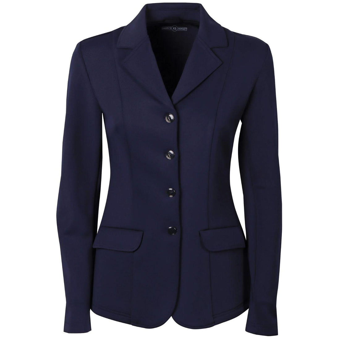 Das moderne dunkelblaue Harry’s Horse Turnierjacket Competition in Navy für Damen und Kinder in der Frontansicht. Die taillierte Turnierjacke besticht durch einen eleganten Reverskragen, eine durchgehende 4-Knopf-Leiste und zwei praktische Klapptaschen für das Turnieroutfit.
