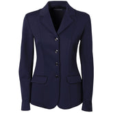 Das moderne dunkelblaue Harry’s Horse Turnierjacket Competition in Navy für Damen und Kinder in der Frontansicht. Die taillierte Turnierjacke besticht durch einen eleganten Reverskragen, eine durchgehende 4-Knopf-Leiste und zwei praktische Klapptaschen für das Turnieroutfit.