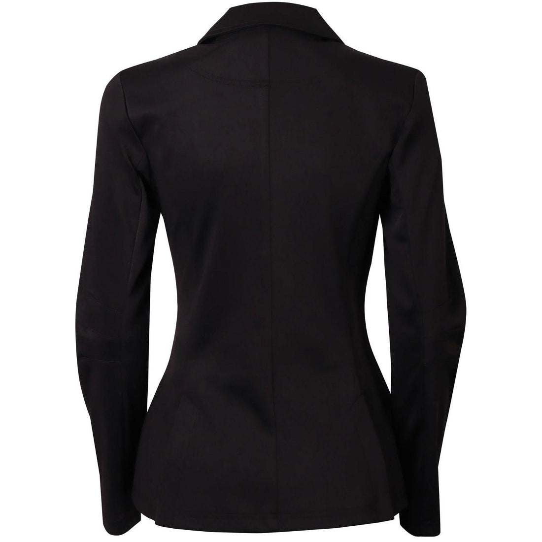 Rückseite des schwarzen Harry’s Horse Turnierjackets Competition für Damen und Kinder. Die Rückansicht zeigt die feminine, taillierte Passform mit reduzierter Nahtführung und zwei seitlichen Schlitzen am Reitrock (Rückenschlitze) für maximale Bewegungsfreiheit im Sattel.