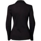 Rückseite des schwarzen Harry’s Horse Turnierjackets Competition für Damen und Kinder. Die Rückansicht zeigt die feminine, taillierte Passform mit reduzierter Nahtführung und zwei seitlichen Schlitzen am Reitrock (Rückenschlitze) für maximale Bewegungsfreiheit im Sattel.