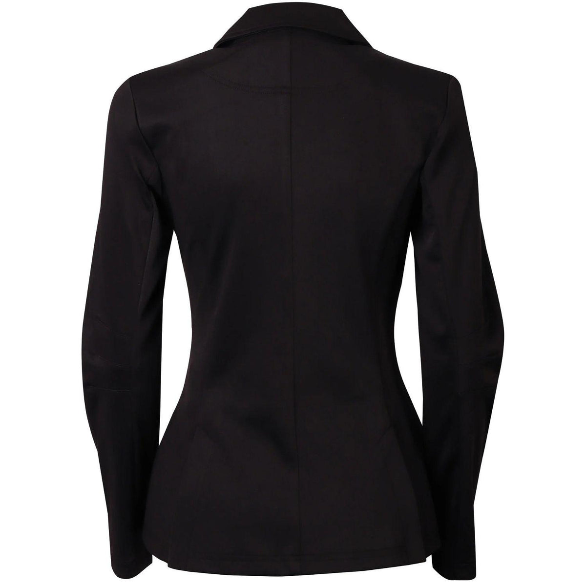 Rückseite des schwarzen Harry’s Horse Turnierjackets Competition für Damen und Kinder. Die Rückansicht zeigt die feminine, taillierte Passform mit reduzierter Nahtführung und zwei seitlichen Schlitzen am Reitrock (Rückenschlitze) für maximale Bewegungsfreiheit im Sattel.