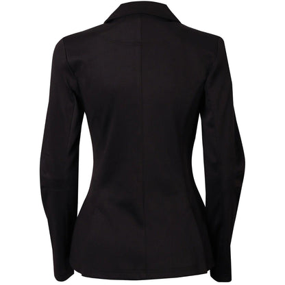 Rückseite des schwarzen Harry’s Horse Turnierjackets Competition für Damen und Kinder. Die Rückansicht zeigt die feminine, taillierte Passform mit reduzierter Nahtführung und zwei seitlichen Schlitzen am Reitrock (Rückenschlitze) für maximale Bewegungsfreiheit im Sattel.