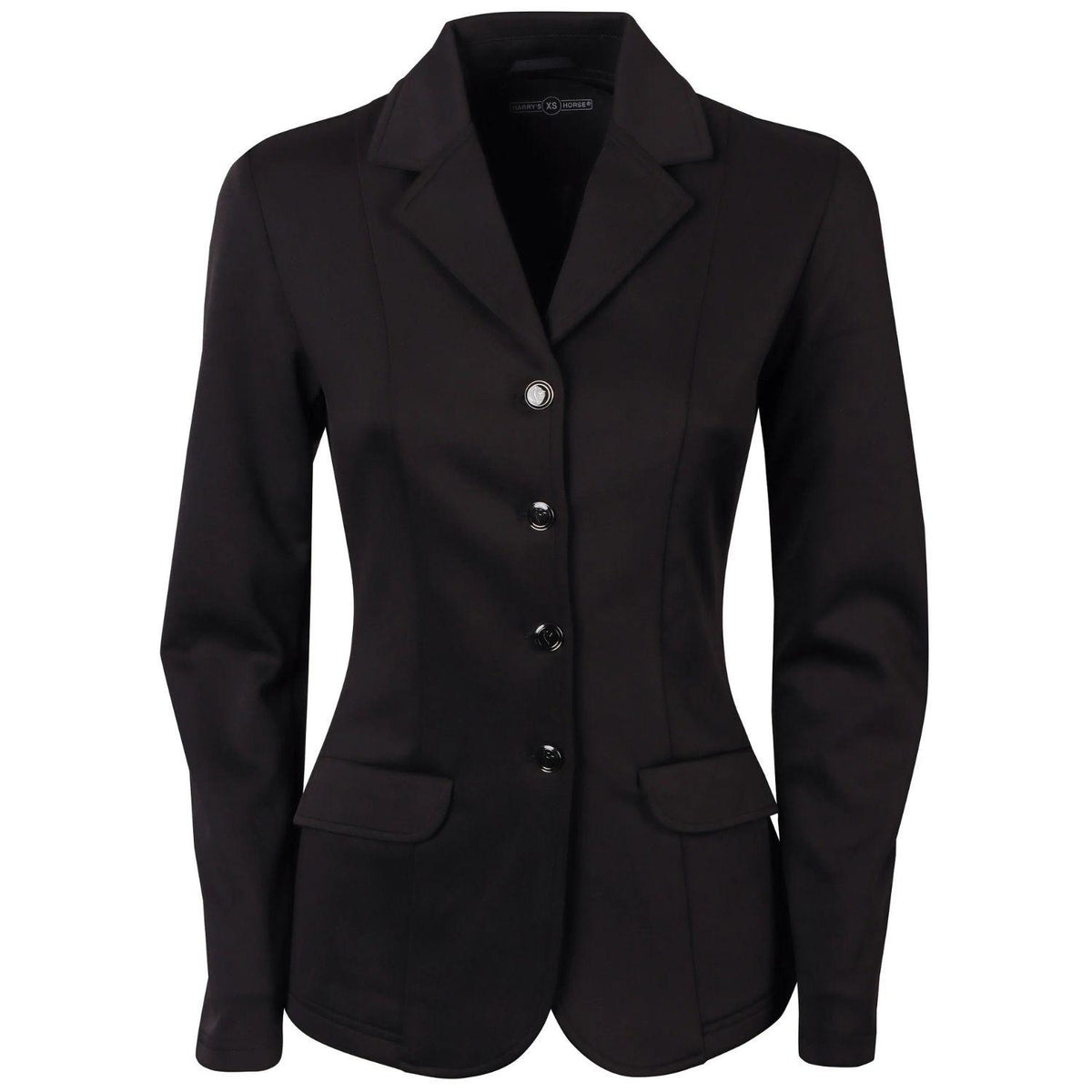 Das klassische schwarze Harry’s Horse Turnierjacket Competition für Damen und Kinder in der Frontansicht. Die taillierte Turnierjacke besticht durch einen eleganten Reverskragen, eine durchgehende 4-Knopf-Leiste und zwei praktische Klapptaschen für das Turnieroutfit.