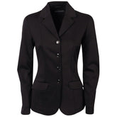 Das klassische schwarze Harry’s Horse Turnierjacket Competition für Damen und Kinder in der Frontansicht. Die taillierte Turnierjacke besticht durch einen eleganten Reverskragen, eine durchgehende 4-Knopf-Leiste und zwei praktische Klapptaschen für das Turnieroutfit.