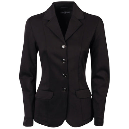 Das klassische schwarze Harry’s Horse Turnierjacket Competition für Damen und Kinder in der Frontansicht. Die taillierte Turnierjacke besticht durch einen eleganten Reverskragen, eine durchgehende 4-Knopf-Leiste und zwei praktische Klapptaschen für das Turnieroutfit.