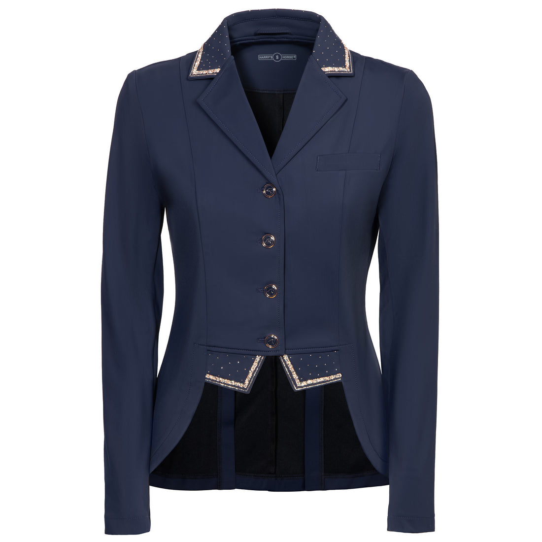 Vorderansicht des dunkelblauen Harry’s Horse Turnierjackets Lumière im edlen Kurzfrack-Stil für Damen im Dressursport. Die edle Reitjacke zeigt goldene Glitzerdetails, eine Kristallborte am Kragen und an den Spitzen sowie das innovative Double-Closure-System mit Knöpfen und verdecktem Reißverschluss für den perfekten Sitz im Viereck.