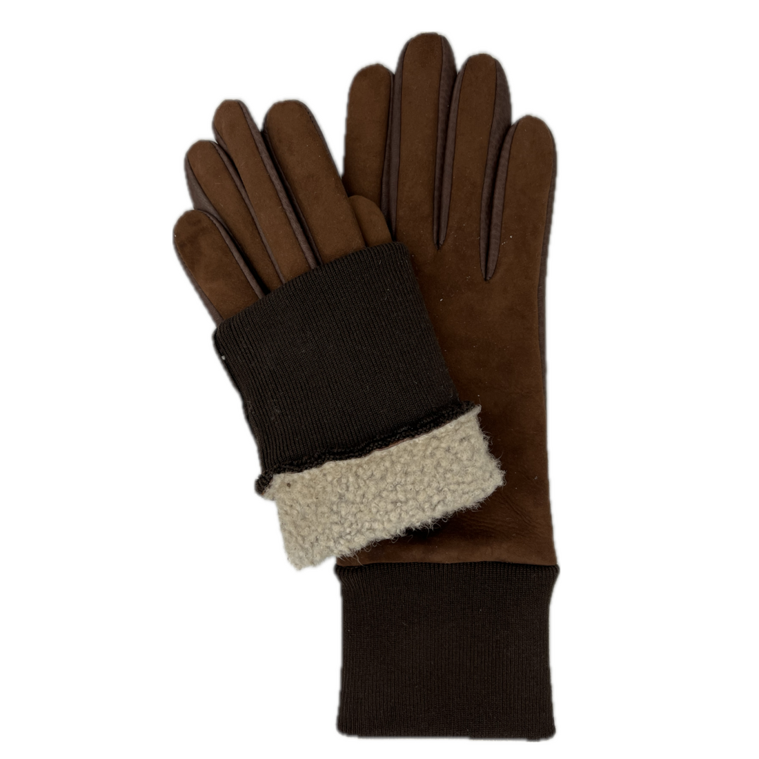 Detailaufnahme der braunen Hauke Schmidt Winterreithandschuhe Reykjavik. Ein Handschuh ist am elastischen Bündchen aufgekrempelt und präsentiert das warme, helle Lammfellfutter im Inneren. Dieser hochwertig gefütterte Handschuh zum Reiten garantiert warme Hände im Winter und zeigt die exzellente Verarbeitung des Herstellers.