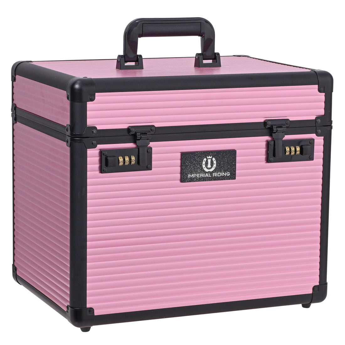 Geschlossene Imperial Riding Putzbox IRHShiny in Dark Mauve (zartes Rosa-Lila) mit geriffelter Oberfläche und schwarzem Rahmen. Die edle Pferdeputzbox mit Zahlenschloss schützt dein Pferdepflege-Equipment, Bürsten und Pflegemittel sicher vor unbefugtem Zugriff in der Stallgasse und auf dem Turnier.