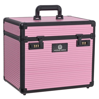 Geschlossene Imperial Riding Putzbox IRHShiny in Dark Mauve (zartes Rosa-Lila) mit geriffelter Oberfläche und schwarzem Rahmen. Die edle Pferdeputzbox mit Zahlenschloss schützt dein Pferdepflege-Equipment, Bürsten und Pflegemittel sicher vor unbefugtem Zugriff in der Stallgasse und auf dem Turnier.