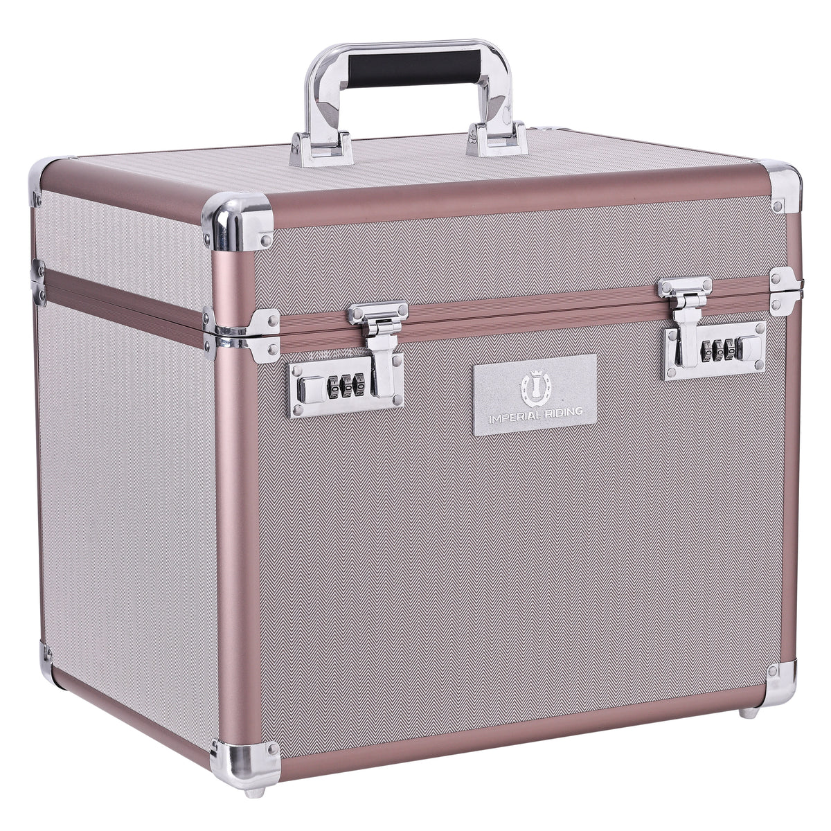 Geschlossene Imperial Riding Putzbox IRHShiny in der Farbe Taupe Herringbone. Die seitliche Frontansicht zeigt die Pferdepflegebox mit textilem Fischgrätmuster, roségoldenem Rahmen, silbernen Kanten und beidseitigem Zahlenschloss.