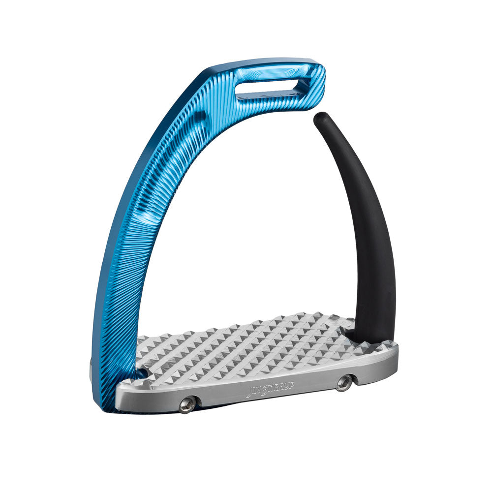 Vorderansicht des Jin Stirrup Air Sicherheitssteigbügel Turquoise von JS Italia. Der offene, elastische Außenbogen aus schwarzem Elastomer dient als verlässliche Sicherheitsfunktion beim Sturz. Gut sichtbar sind der innere türkisen Bogen aus eloxiertem Aluminium mit radialer Designstruktur sowie die silberne, anatomisch geformte Trittfläche. Die markante Diamantprägung sorgt für rutschfesten Grip und maximale Stabilität im Springsport und Gelände.