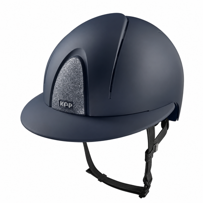 KEP Reithelm Smart Nova Textile Matt Blau mit Star Glitzer Silber, Polo-Visier und schwarzer Beriemung – Frontansicht