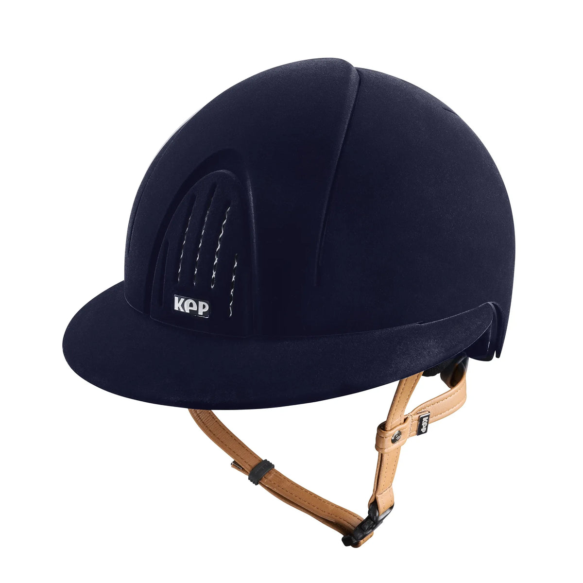 KEP Smart Nova Velvet Blauer Samt mit beiger Beriemung und Polo-Visier – Vorderansicht