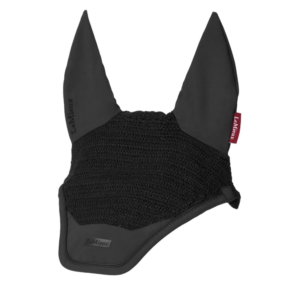 LeMieux Fliegenmütze Essence Black: Elegante schwarze Fliegenhaube für Pferde mit elastischen Elasthan-Ohren für optimales Ohrenspiel beim Reiten.