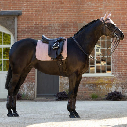 Die LeMieux Heritage Dressurschabracke in Wild Rose (Altrosa) am Pferd, deren Schnittform optimal auf das lange Sattelblatt gängiger Dressursattelmodelle abgestimmt ist. Der dezente Rosaton harmoniert mit vielen Pferdefarben – von Dunkelbraunen und Rappen bis hin zu Schimmeln und Füchsen – und macht das Set zu einem modischen Highlight für anspruchsvolle Dressurreiter.