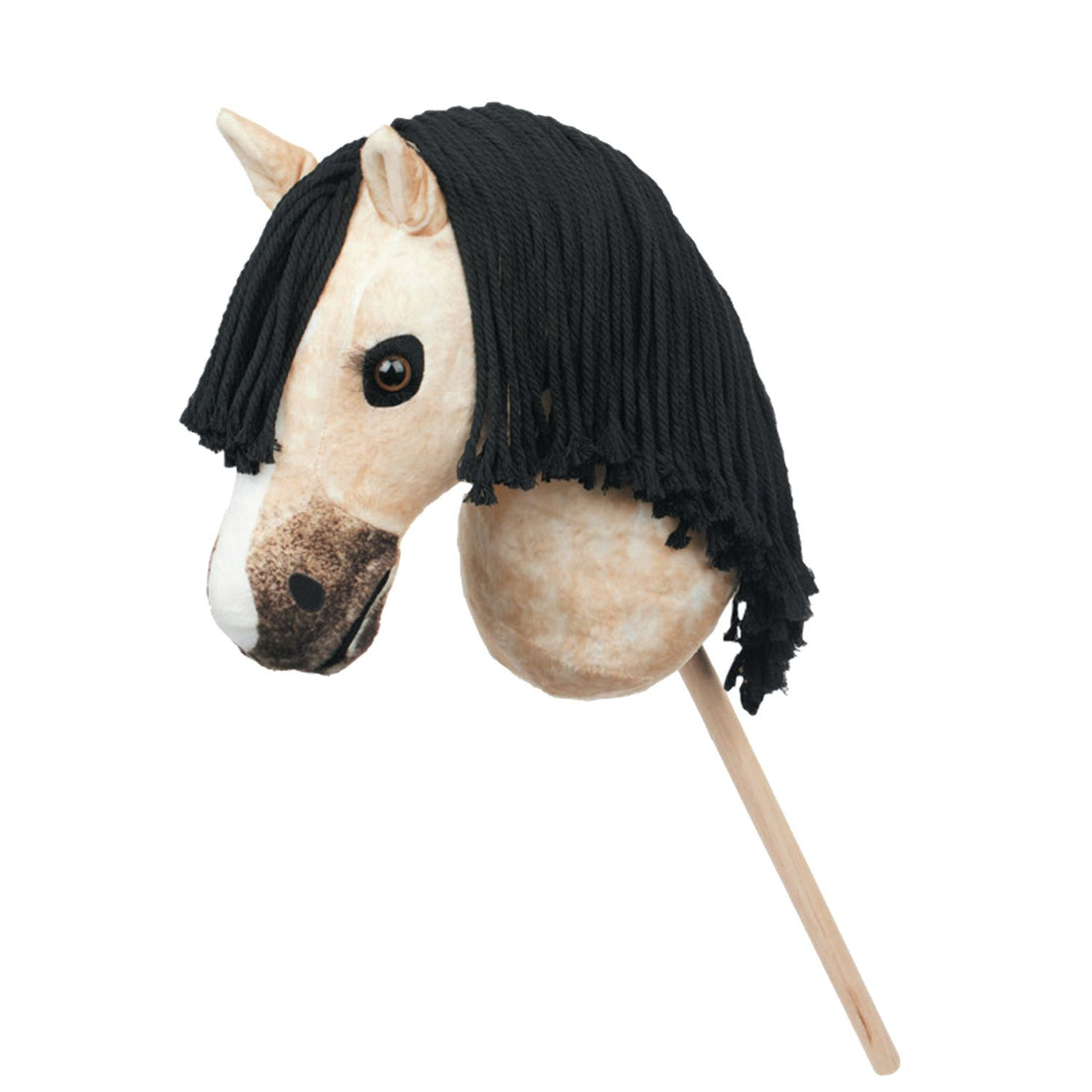 Das LeMieux Hobby Horse Dream ist ein realistisches Steckenpferd in der Farbe Falbe (Buckskin) mit weißer Blesse, langer schwarzer Mähne und dunklem Fell am Pferdemaul. Der hochwertige Pferdekopf sitzt auf einem stabilen, abschraubbaren Holzstab – ideal für Kinder und Hobby Horsing Turniere in Dressur und Springen.