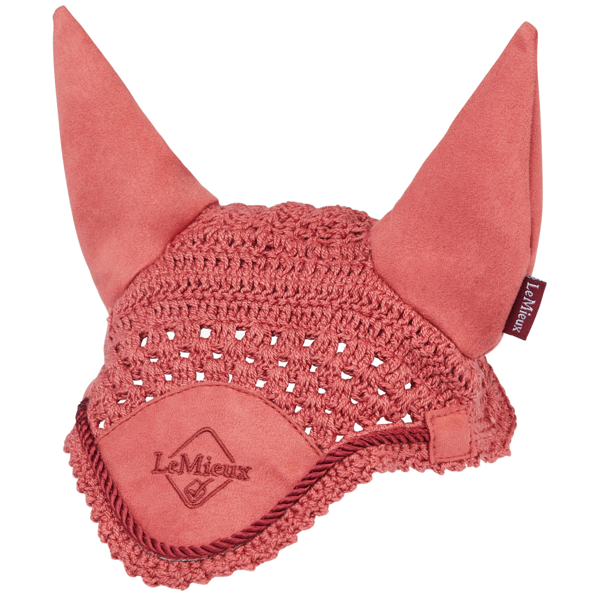 Produktbild der handgehäkelten LeMieux Hobby Horse Fliegenmütze in der Farbe Spiced Earth. Die rosa Steckenpferd-Fliegenhaube mit braunen Nuancen und dunkler Kordel im Stirnbereich entspricht optisch exakt der LeMieux Classic Linie. Das LeMieux Logo ist eingestickt und rundet den edlen Look für dein Hobby Horse ab.