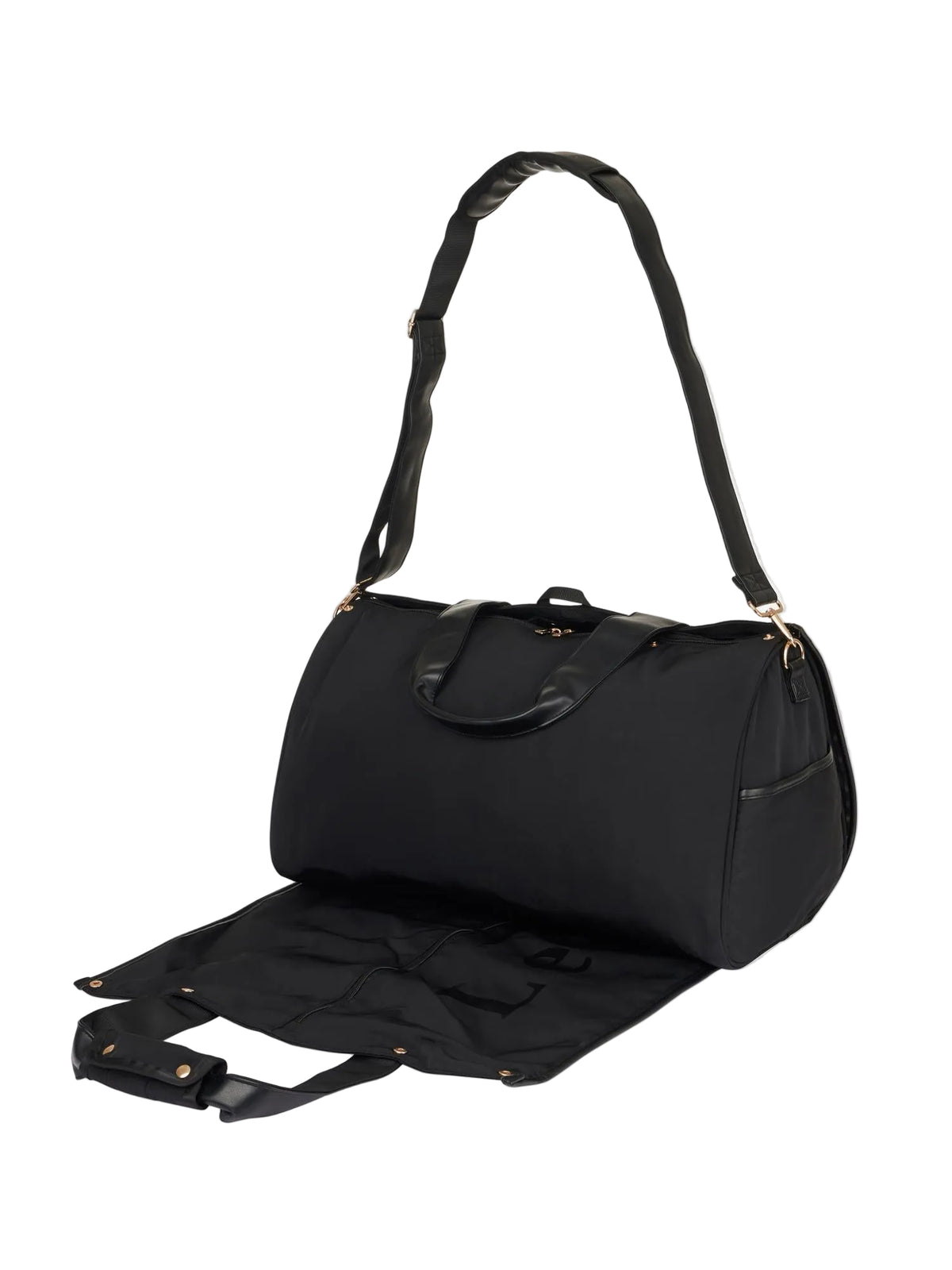 Schwarze LeMieux Reisetasche Luxe Show Jacket mit montiertem Schultergurt und ausgerolltem Kleidersack: Die 2-in-1 Duffle Bag mit goldenen Metallkarabinern, Tragegriffen und Seitentasche für den bequemen Transport von Turnierkleidung im Reitsport.