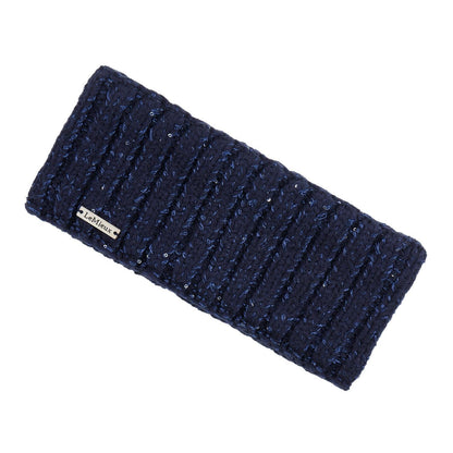 Dunkelblaues LeMieux Stirnband Bernie aus Rippstrick mit dezent eingearbeitetem Paillettengarn und aufgenähtem silbernen Metall-Logo am unteren Saum. Wärmendes Damen-Strick-Headband als eleganter Ohrenschutz für Reitsport, Stall und Freizeit.